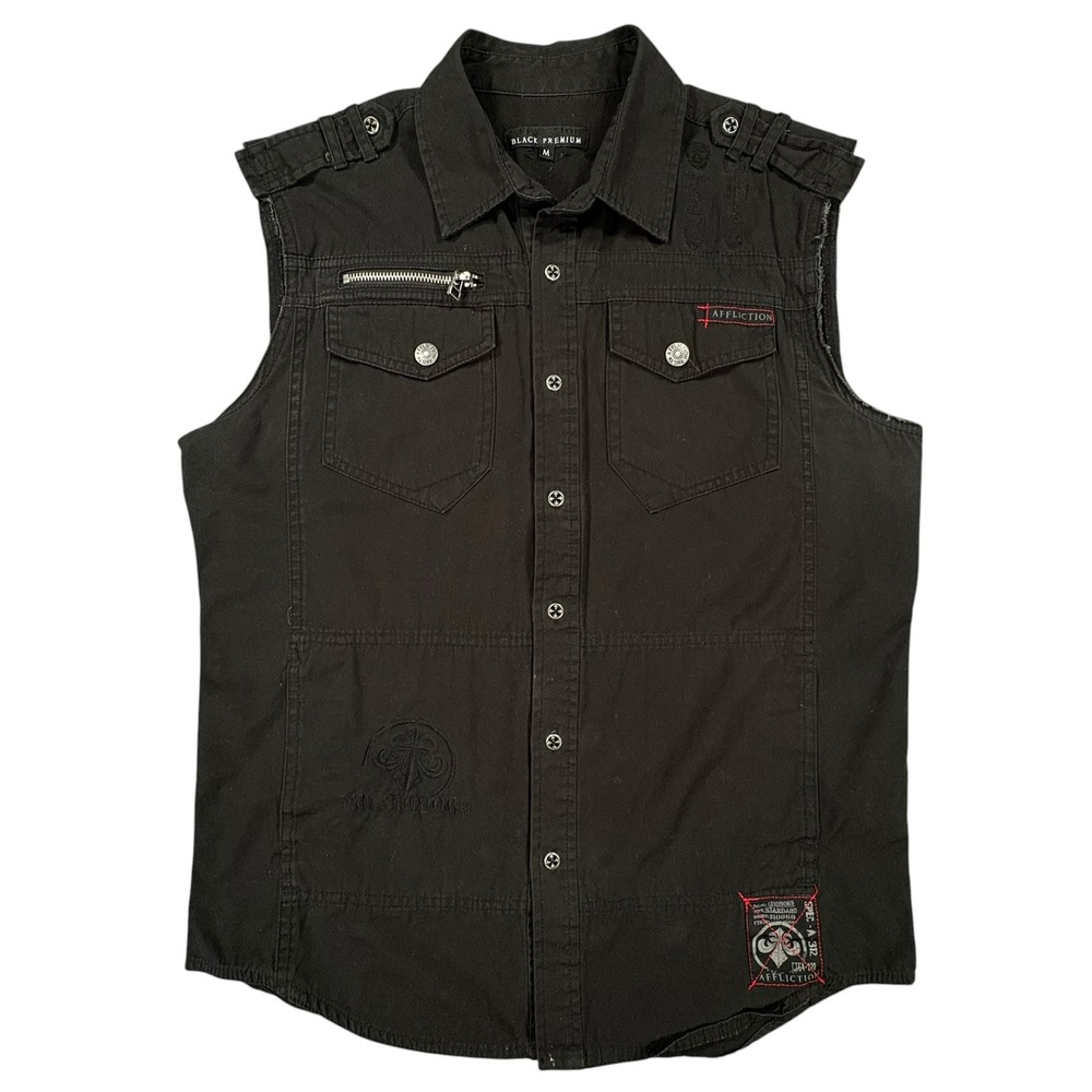 Affliction Black Premium Live Fast Vest Mens M‎ Black Embroidered Skull Spade